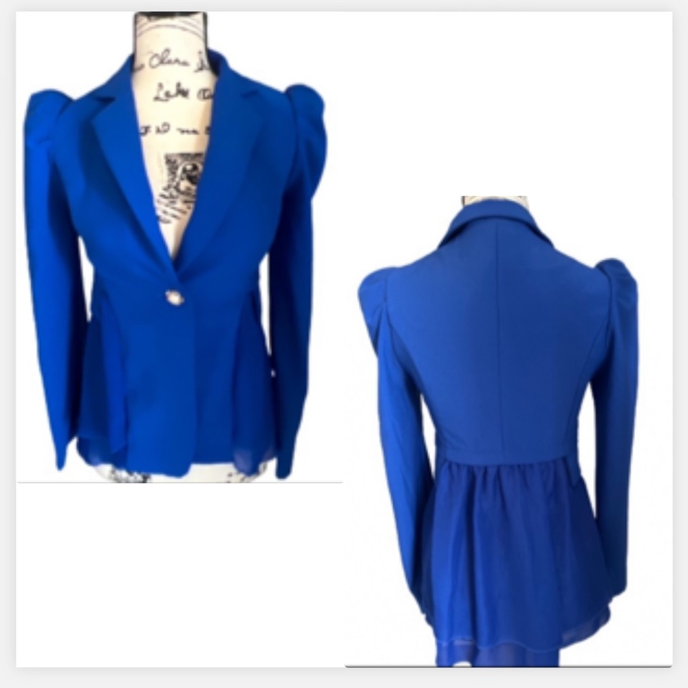 Q.C.T COBALT BLUE LONG SLEEVE RUFFLE SHEER BOTTOM BLAZER SUZE XL